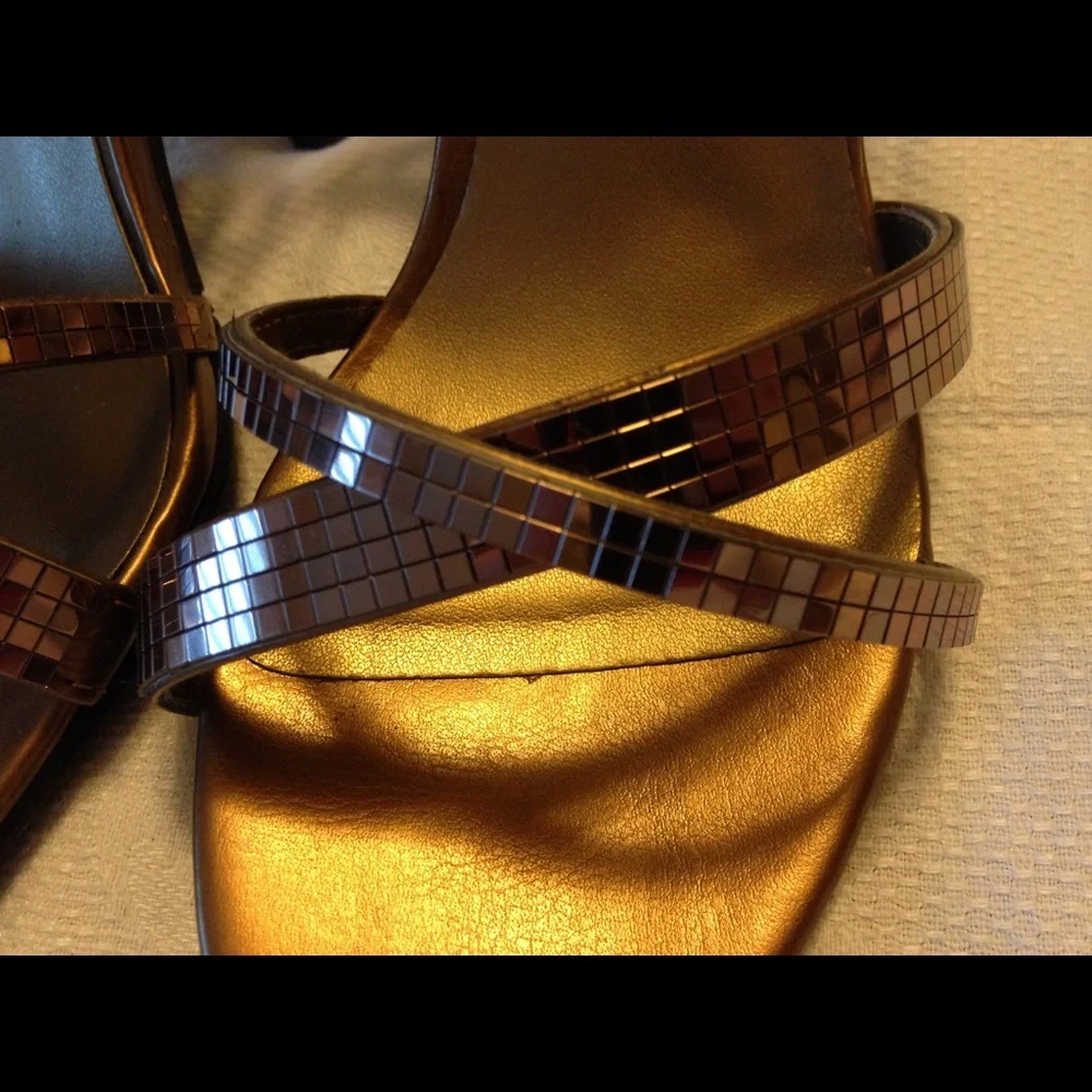 Metallic Bronze Heels Strappy Stiletto Party Sandals Shimmer Elastic Size 6.5M